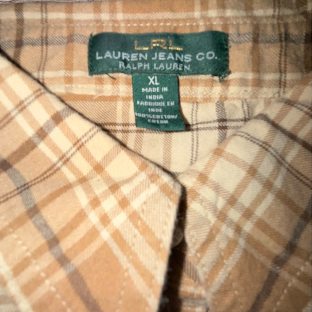 Lauren Ralph Lauren Plaid Button Down Shirt XL Tan Brown Cotton Classic - Picture 6 of 7